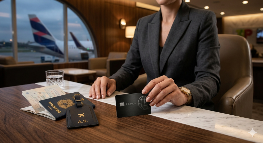 Comparação entre milhas e cashback em cartões de crédito premium com gráfico de crescimento e elementos de viagem e dinheiro