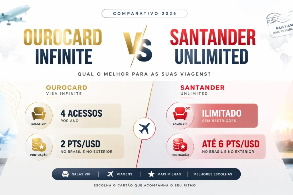Comparação entre Ourocard Visa Infinite e Santander Unlimited com destaque para acessos a salas VIP e pontuação