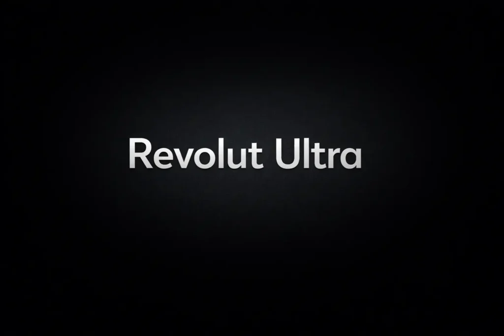 Logo da Revolut em fundo preto com tipografia branca minimalista, representando fintech global de cartões e conta internacional