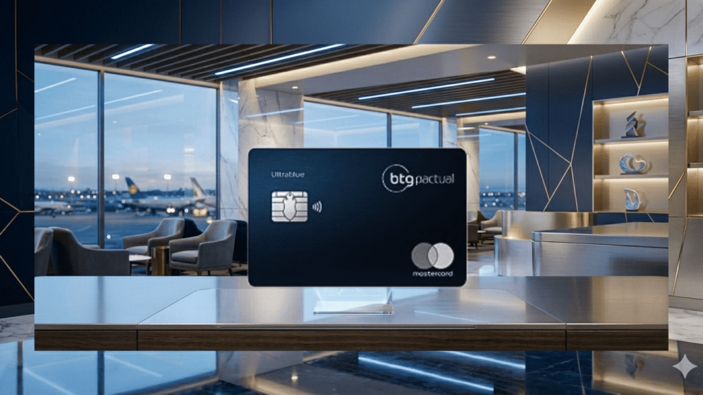 Cartão BTG Ultrablue Mastercard Black em lounge premium de aeroporto internacional