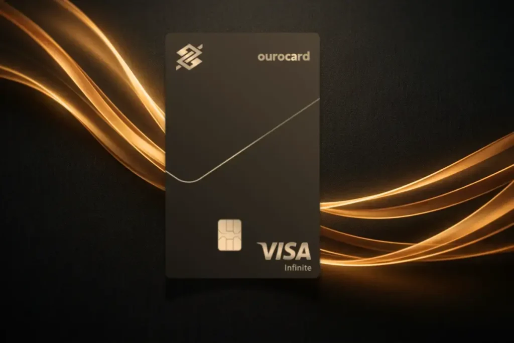 Cartão Ourocard Visa Infinite do Banco do Brasil com fundo escuro e detalhes dourados representando benefícios premium e acesso a salas VIP.