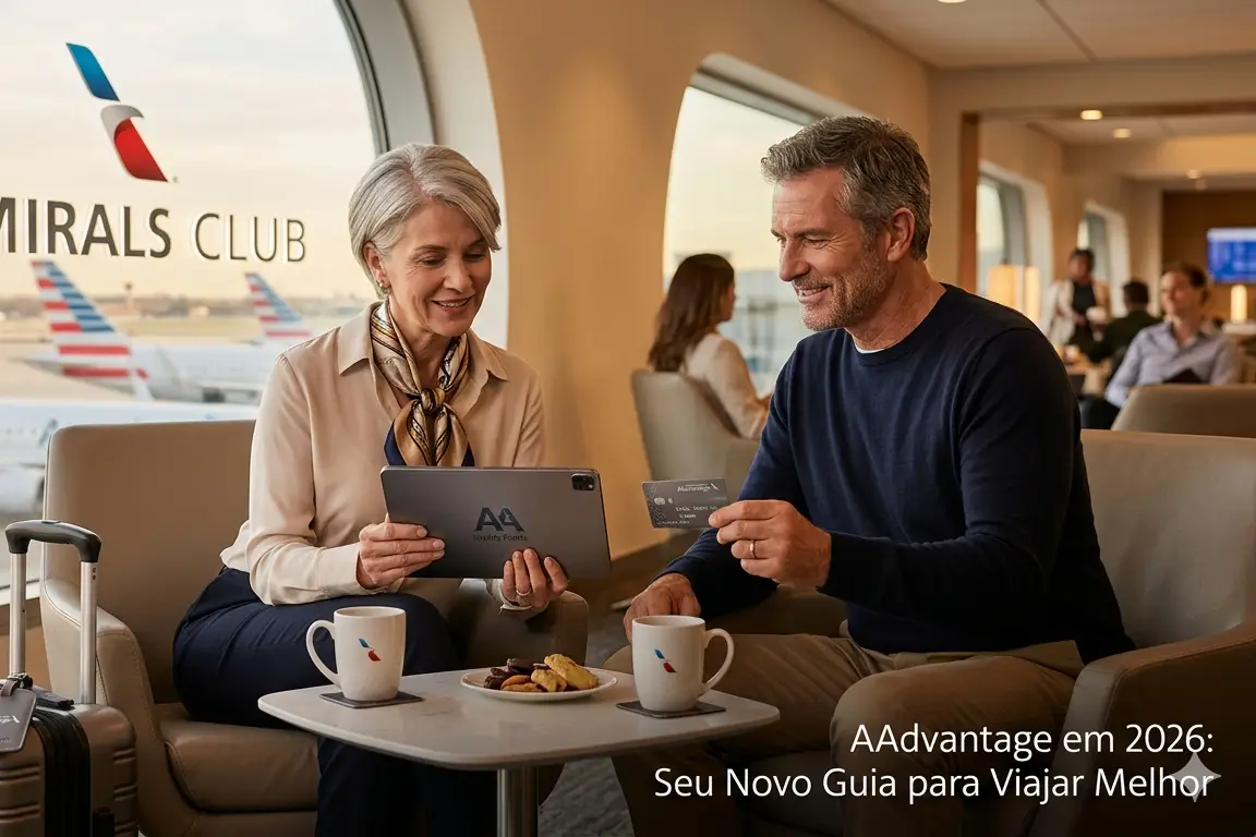 Casal utilizando benefícios do programa AAdvantage 2026 no Admirals Club da American Airlines
