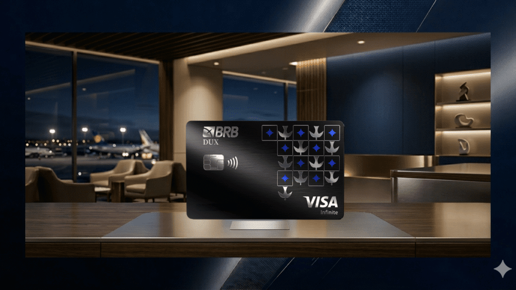 Cartão BRB DUX Visa Infinite em lounge premium de aeroporto internacional em 2026