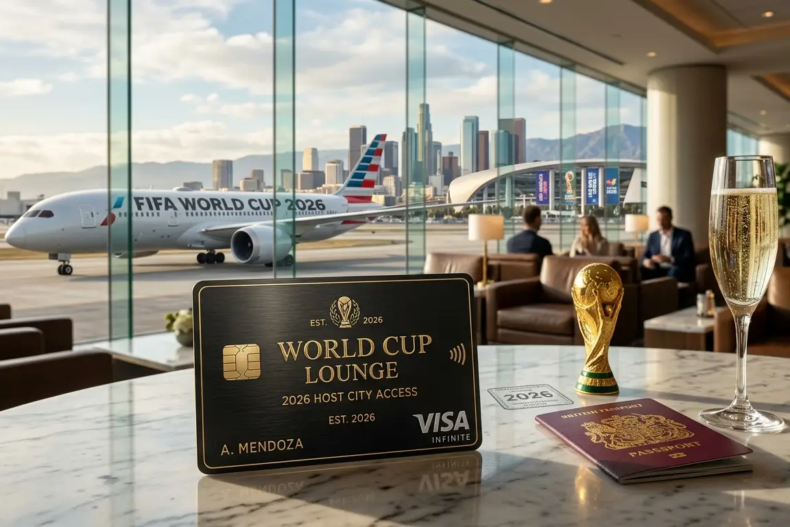 Cartão premium Visa Infinite em sala VIP de aeroporto com avião da Copa do Mundo 2026 ao fundo