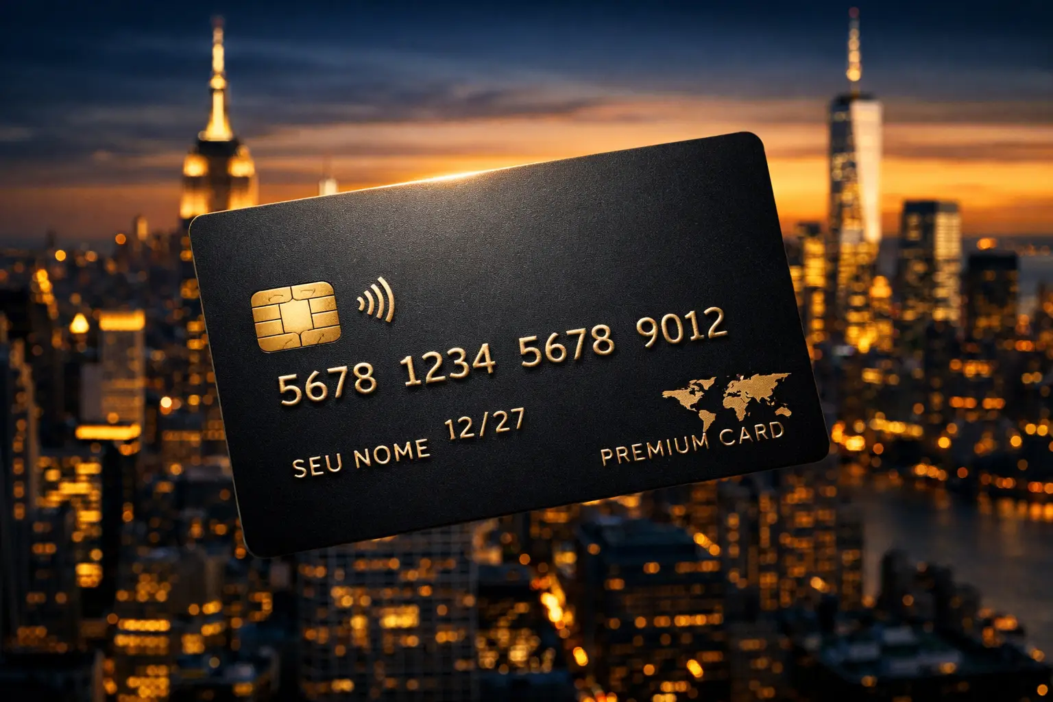 alt="Cartão de crédito premium preto com detalhes dourados ao fundo skyline de Nova York Empire State Building pôr do sol melhores cartões viagem EUA 2026"