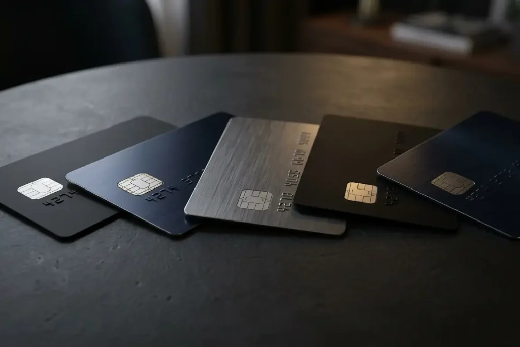 Cartões de crédito premium de alta renda em 2026 dispostos sobre mesa escura, com design metal e cores preto, azul e grafite
