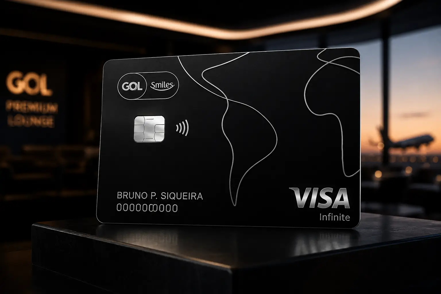 Cartão GOL Smiles Visa Infinite em cenário premium com lounge VIP e aeroporto ao fundo