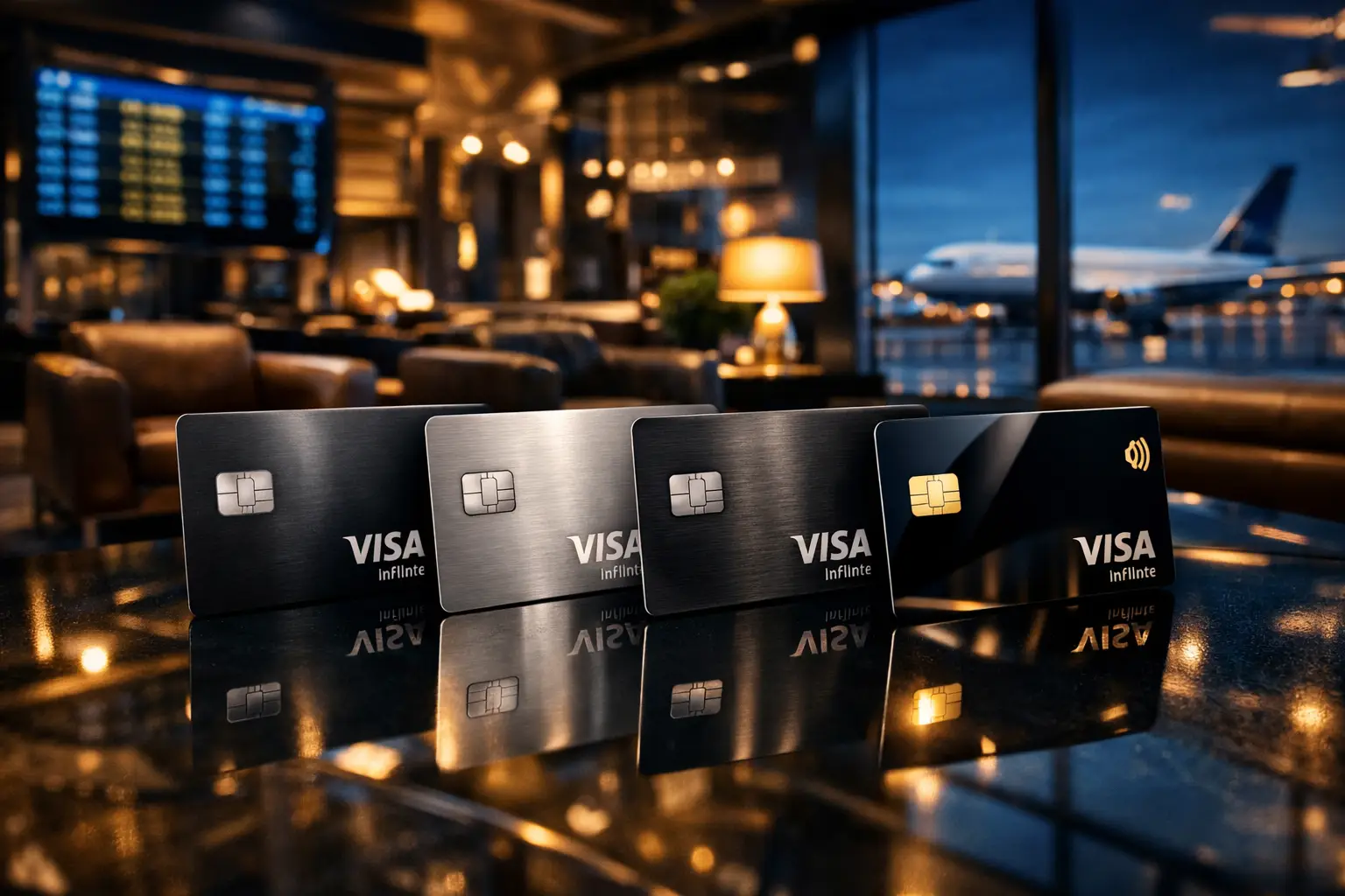 Cartões Visa Infinite premium em sala VIP de aeroporto internacional em 2026