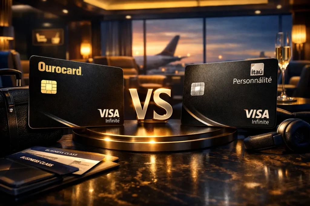 Ourocard Visa Infinite e Itaú Personnalité Visa Infinite em comparação de benefícios para salas VIP aeroportuárias em 2026.