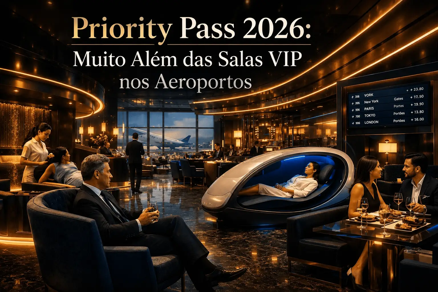 Lounge premium do Priority Pass em 2026 com salas VIP, restaurante, cápsula de descanso (sleep pod) e experiências exclusivas em aeroporto internacional.
