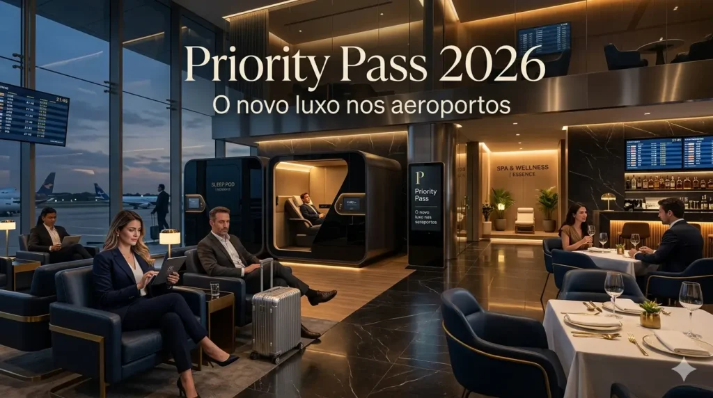 Lounge premium do Priority Pass 2026 com experiência de luxo em aeroporto internacional, incluindo spa, gastronomia e cápsulas de descanso.