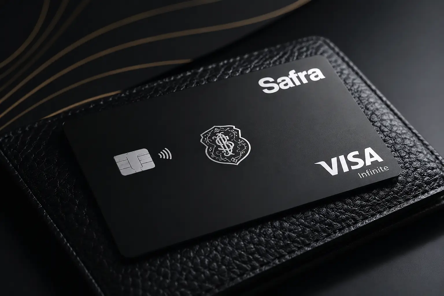 Cartão Safra Visa Infinite preto sobre superfície de couro, destacando o design premium do cartão de alta renda em 2026.
