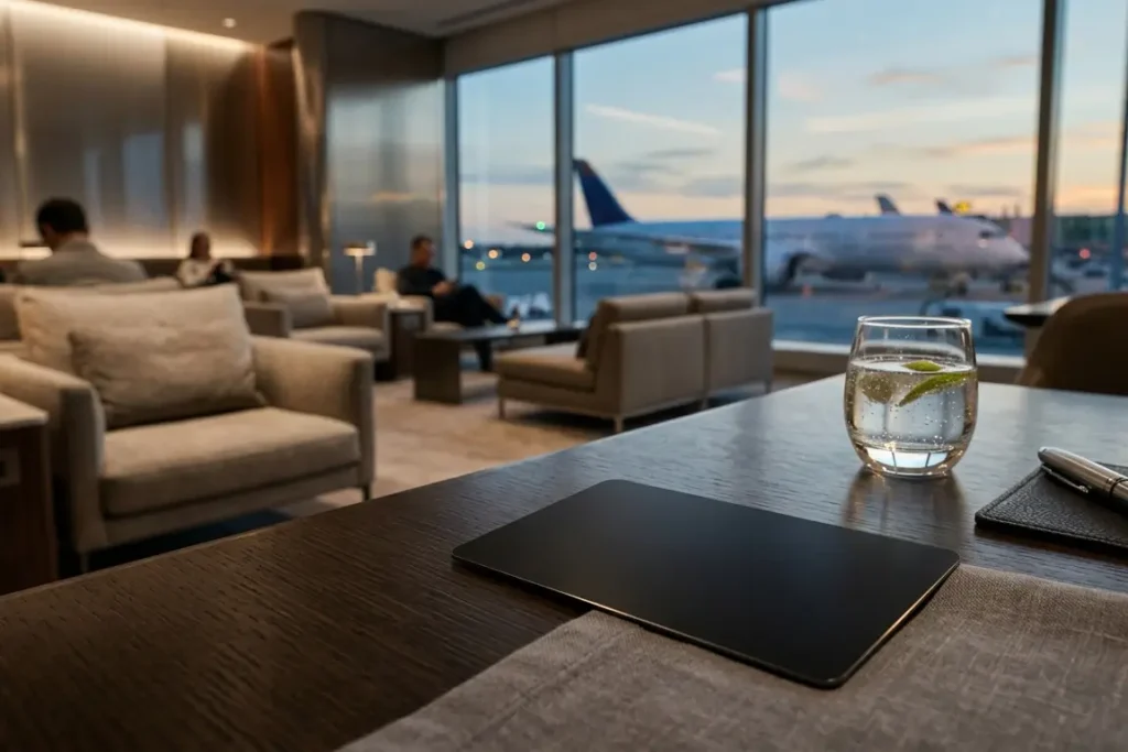 Sala VIP de aeroporto com vista para pista e acesso ilimitado por cartões premium em 2026