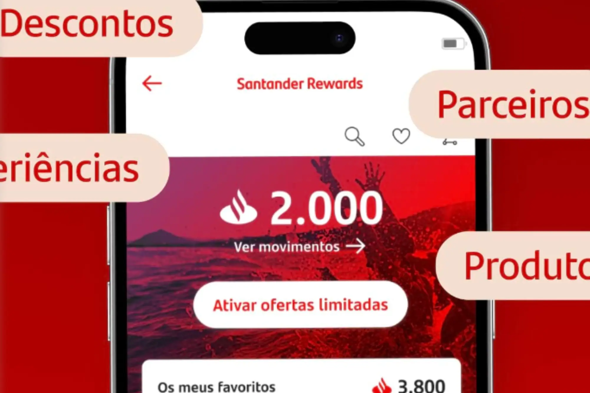 Interface do Santander Rewards mostrando pontos e benefícios no aplicativo do banco