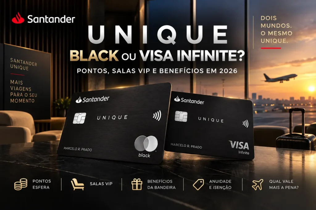 Santander Unique Mastercard Black e Visa Infinite comparados em pontos, salas VIP e benefícios em 2026.