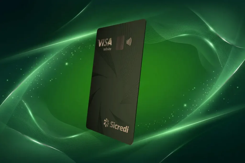 Cartão Sicredi Visa Infinite com fundo premium verde e efeito luminoso sofisticado