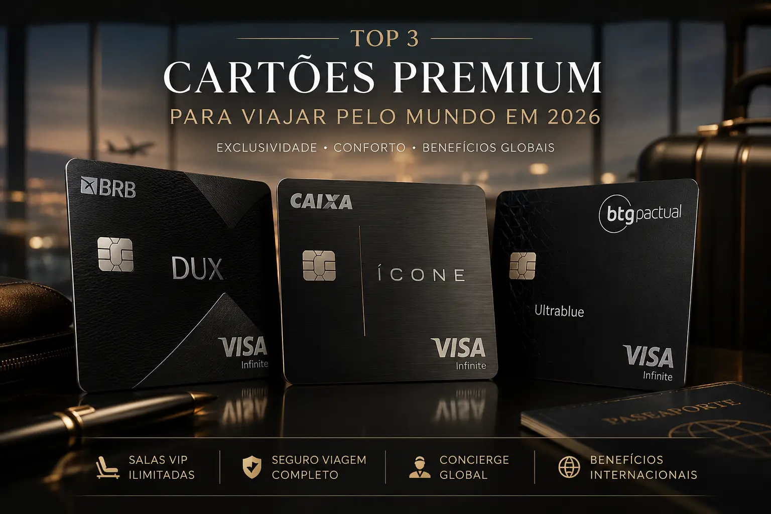 Cartões premium BRB DUX Visa Infinite, Caixa Ícone Visa Infinite e BTG Ultrablue para viagens internacionais em 2026