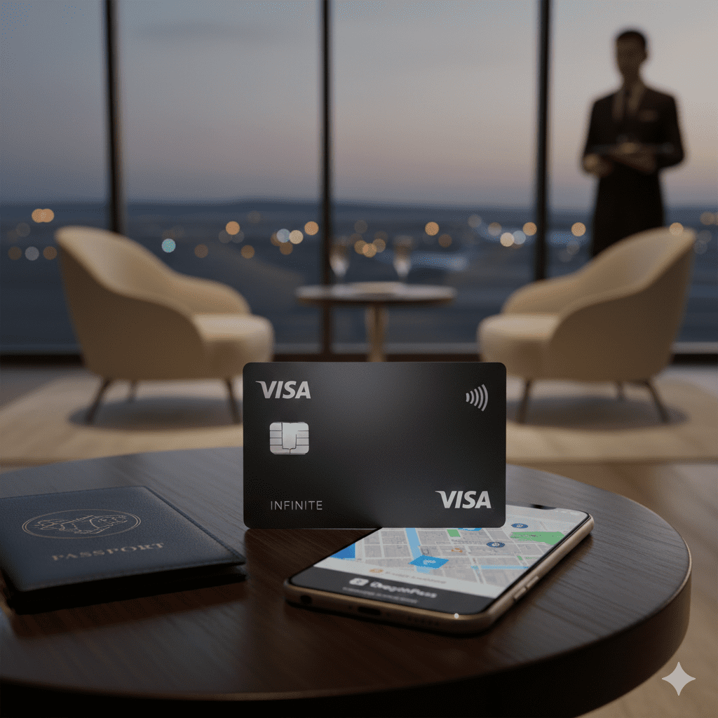 Cartão Visa Infinite premium em sala VIP de aeroporto com passaporte e smartphone em 2026