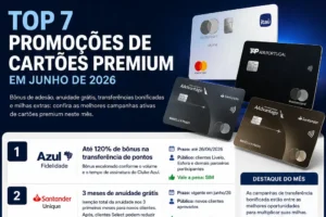 Top 7 promoções de cartões premium em junho de 2026 com destaque para Azul Itaú Skyline Mastercard, TAP Air Portugal Mastercard e Santander AAdvantage Mastercard Black.