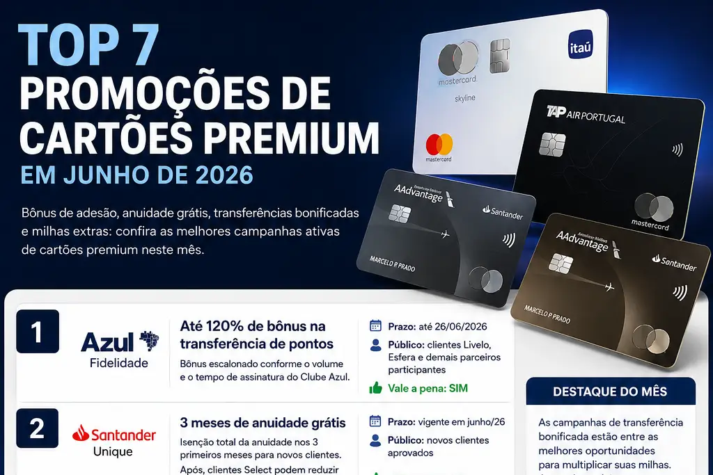 Top 7 promoções de cartões premium em junho de 2026 com destaque para Azul Itaú Skyline Mastercard, TAP Air Portugal Mastercard e Santander AAdvantage Mastercard Black.