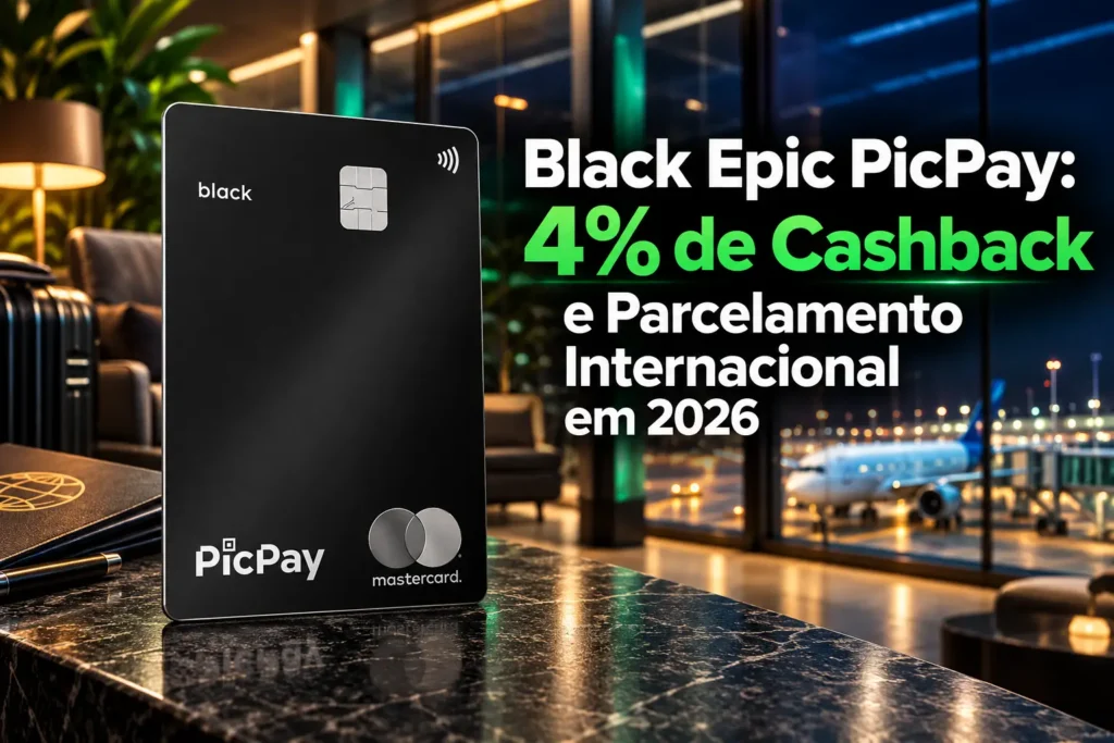 Cartão PicPay Black Epic Mastercard Black com destaque para 4% de cashback e parcelamento internacional em 2026.