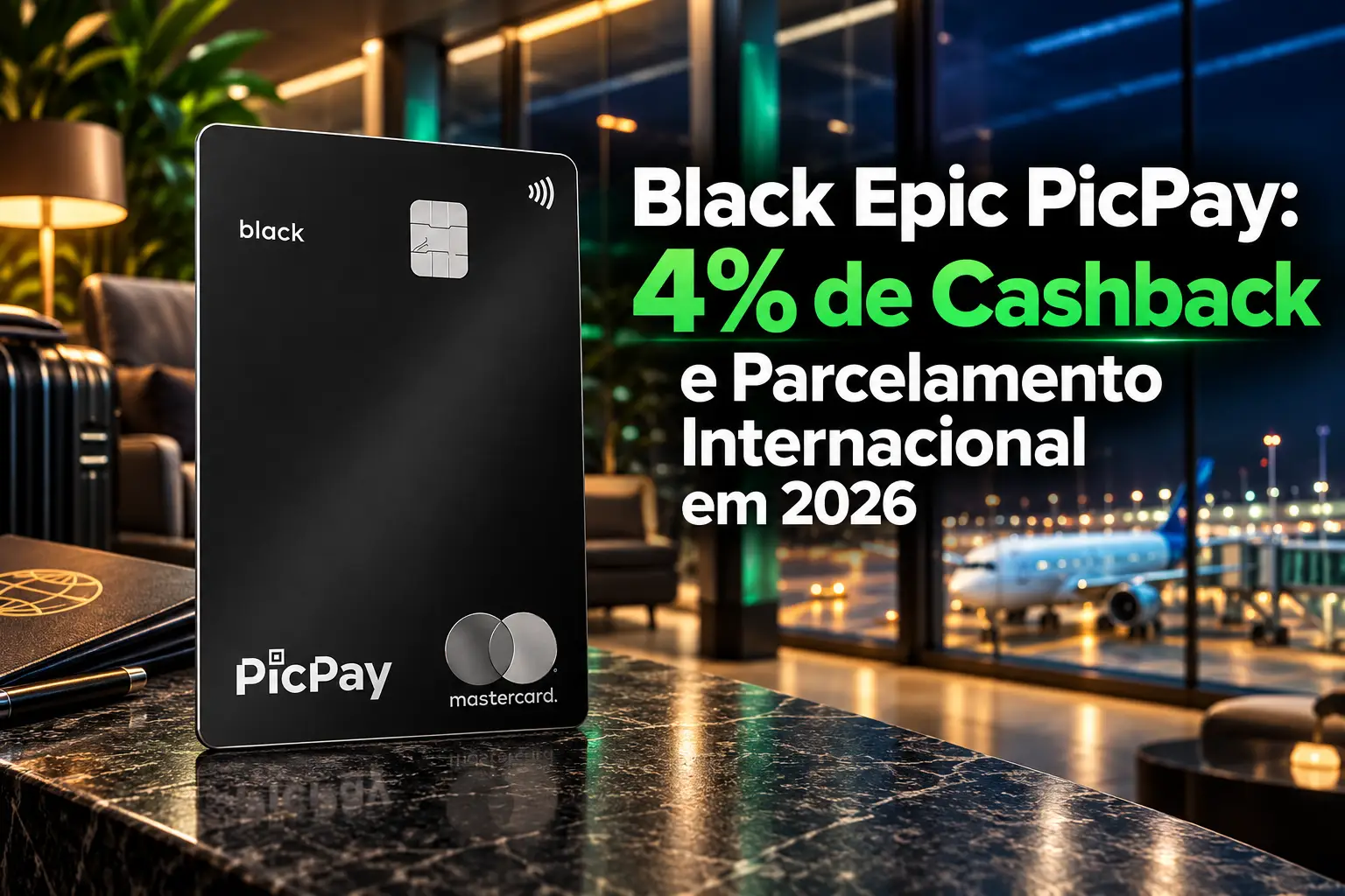 Cartão PicPay Black Epic Mastercard Black com destaque para 4% de cashback e parcelamento internacional em 2026.