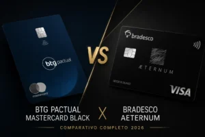BTG Pactual Mastercard Black e Bradesco Aeternum Visa Infinite lado a lado em comparativo de cartões premium 2026.