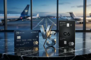 BTG Ultrablue Mastercard Black versus C6 Carbon Mastercard Black em comparativo de cartões premium para viagens internacionais em 2026.
