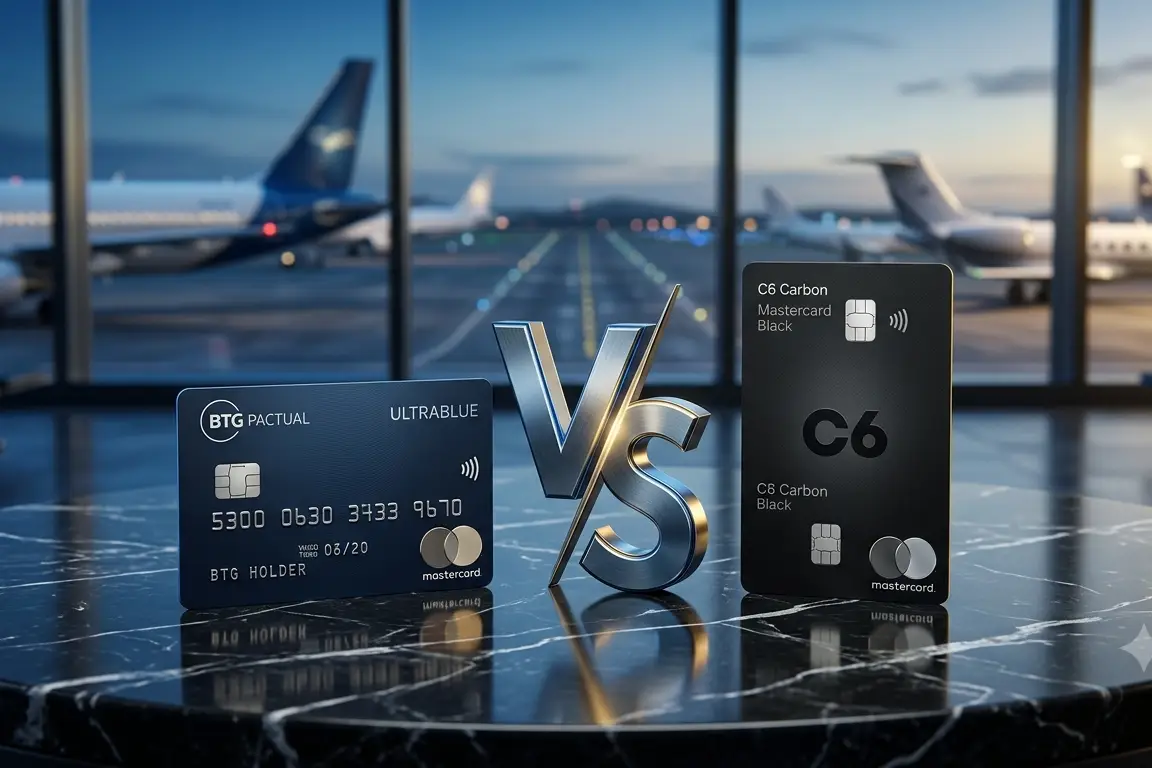 BTG Ultrablue Mastercard Black versus C6 Carbon Mastercard Black em comparativo de cartões premium para viagens internacionais em 2026.