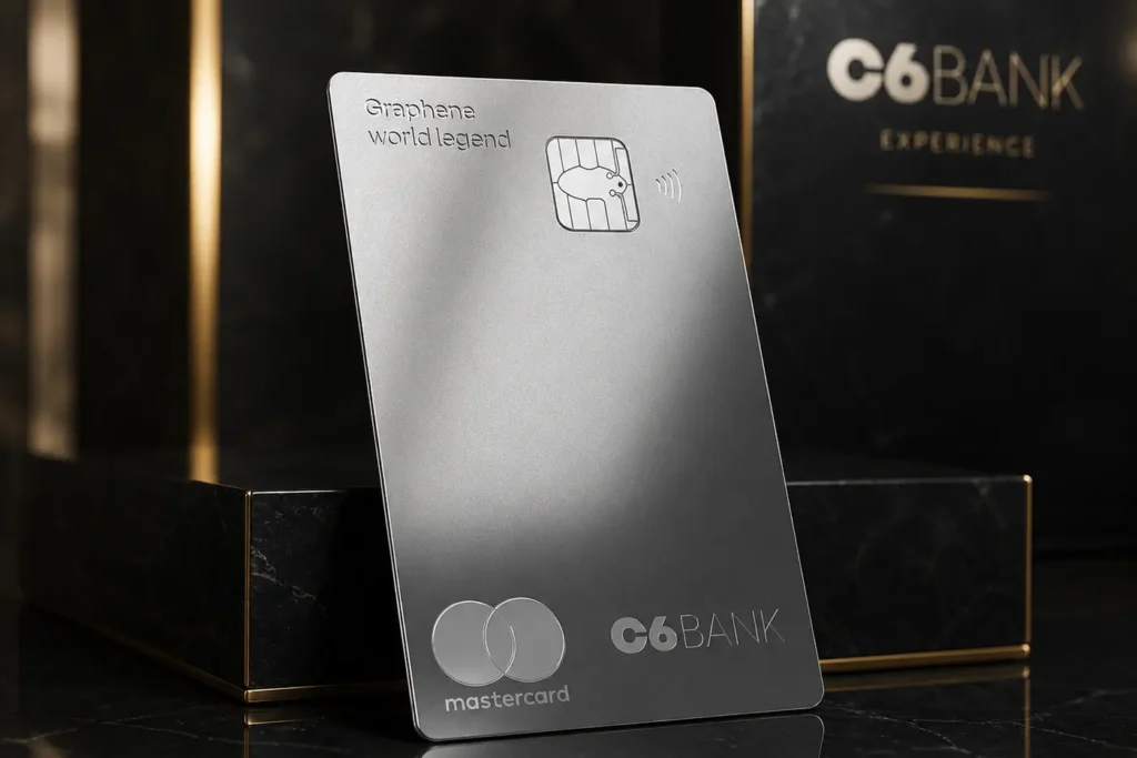 C6 Graphene World Legend Mastercard em fundo premium preto com detalhes dourados, destacando o cartão ultra premium do C6 Bank.