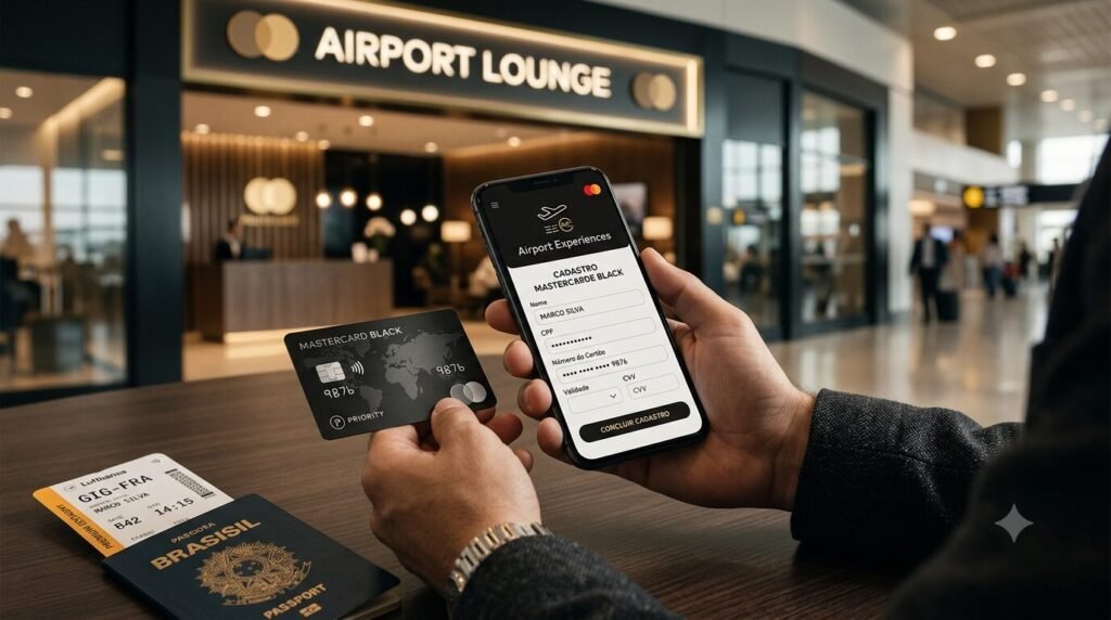 Aplicativo Mastercard Airport Experiences sendo utilizado para cadastrar um cartão Mastercard Black antes do acesso à sala VIP de aeroporto.