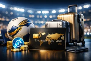 Cartão premium representando as promoções CAIXA Visa 2026 com cashback de IOF, bola de futebol, malas de viagem e benefícios para clientes de alta renda.