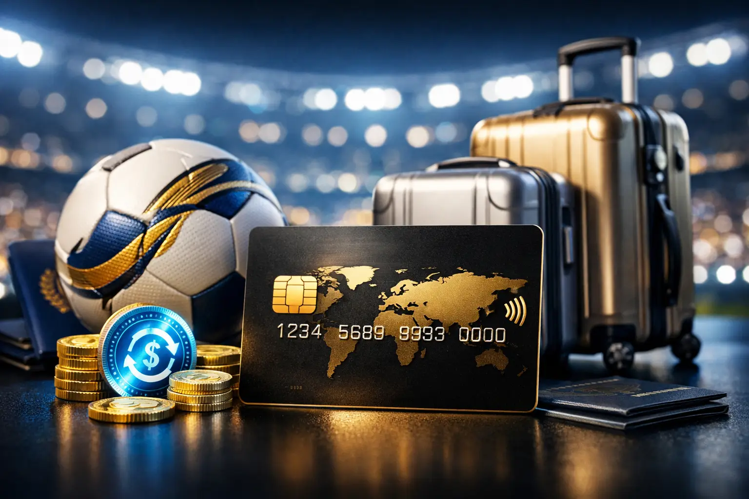 Cartão premium representando as promoções CAIXA Visa 2026 com cashback de IOF, bola de futebol, malas de viagem e benefícios para clientes de alta renda.
