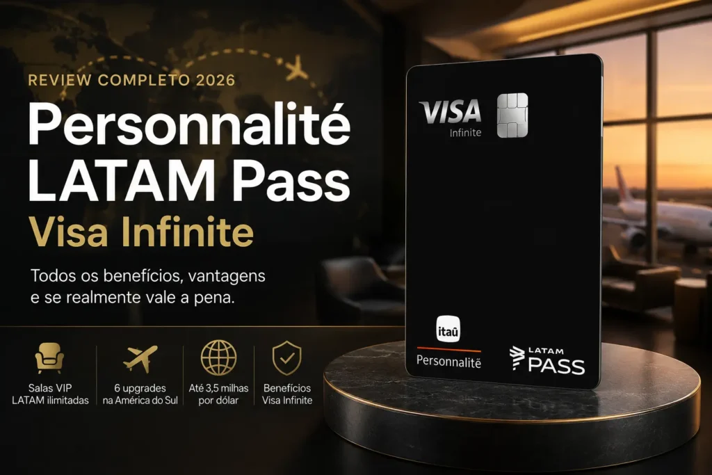 Cartão Personnalité LATAM Pass Visa Infinite do Itaú em destaque sobre mesa premium com ambiente de sala VIP aeroportuária ao fundo, ilustrando benefícios de viagens, milhas e acesso a lounges em 2026.