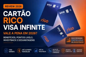 Cartão Rico Visa Infinite em destaque com três cartões azuis, ilustrando o review completo de 2026 com benefícios, pontos Livelo, Investback e salas VIP.