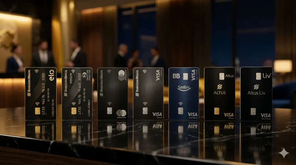 Cartões Banco do Brasil com acesso à Casa BB, incluindo Altus Visa Infinite, Altus Liv Visa Infinite, Ourocard Visa Infinite, Mastercard Black, Elo Nanquim, Elo Nanquim Diners e GOL Smiles Visa Infinite.