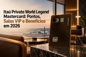 Itaú Private World Legend Mastercard 2026 em destaque em lounge premium de aeroporto, com informações sobre pontos, salas VIP e benefícios.
