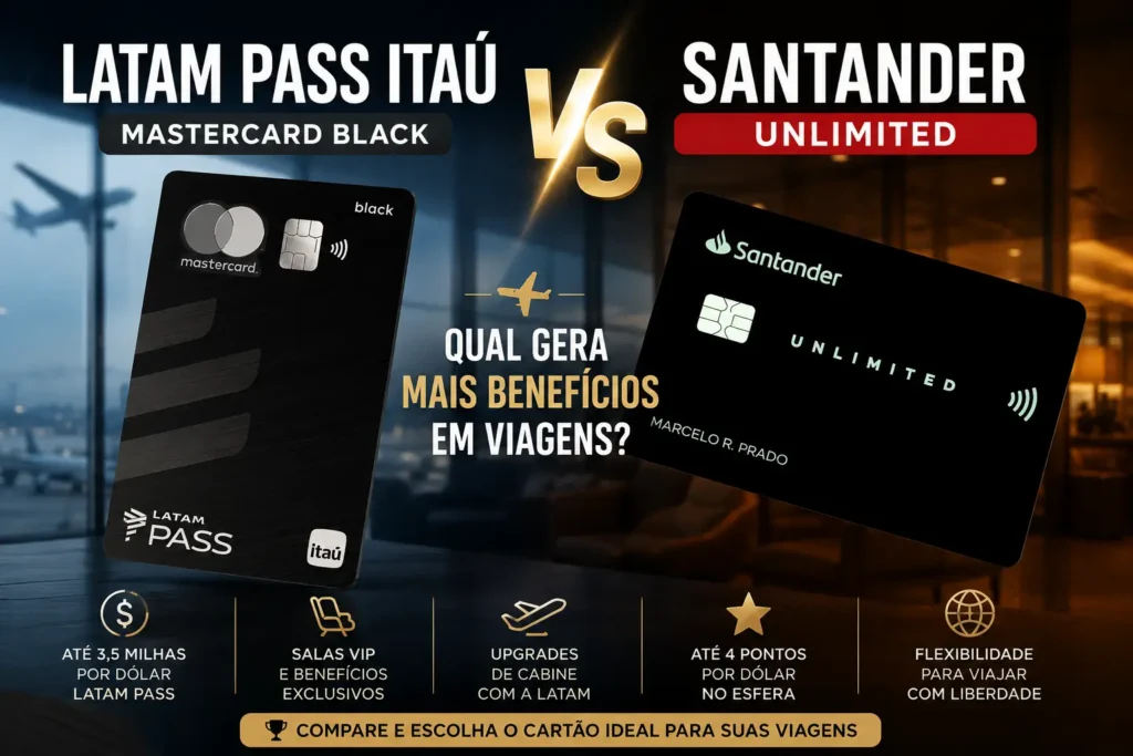 LATAM Pass Itaú Mastercard Black Vs Santander Unlimited em comparativo de benefícios para viagens em 2026