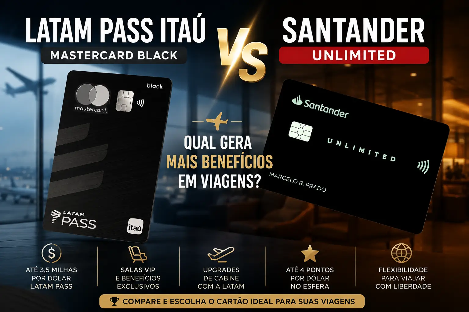 LATAM Pass Itaú Mastercard Black Vs Santander Unlimited em comparativo de benefícios para viagens em 2026