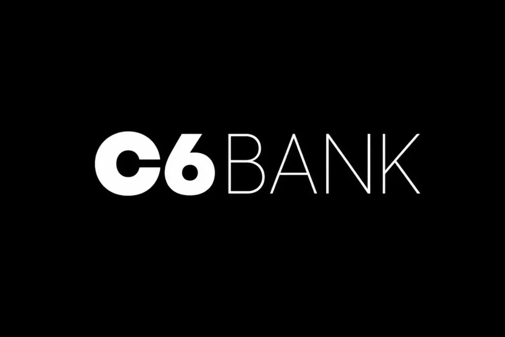 Logo do C6 Bank em branco sobre fundo preto minimalista