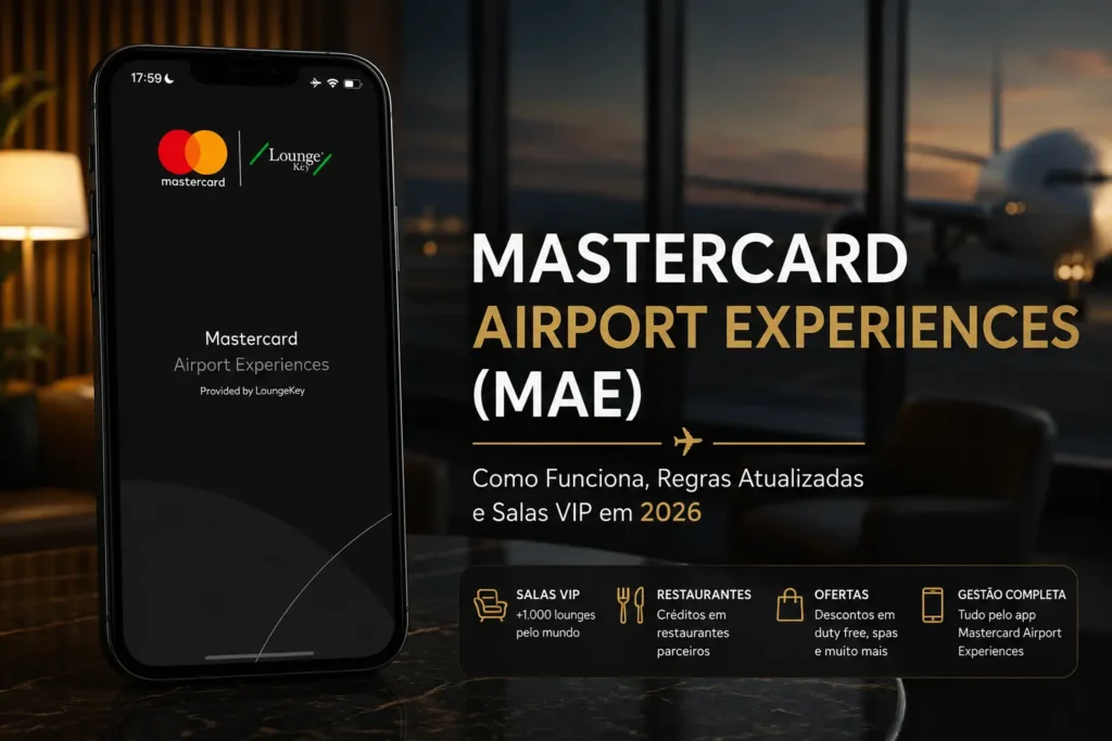 Mastercard Airport Experiences (MAE) em 2026 exibido em smartphone com acesso às salas VIP LoungeKey em aeroporto.