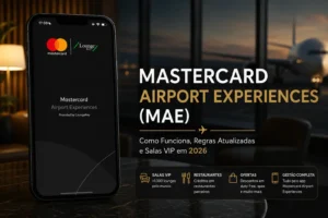 Mastercard Airport Experiences (MAE) em 2026 exibido em smartphone com acesso às salas VIP LoungeKey em aeroporto.