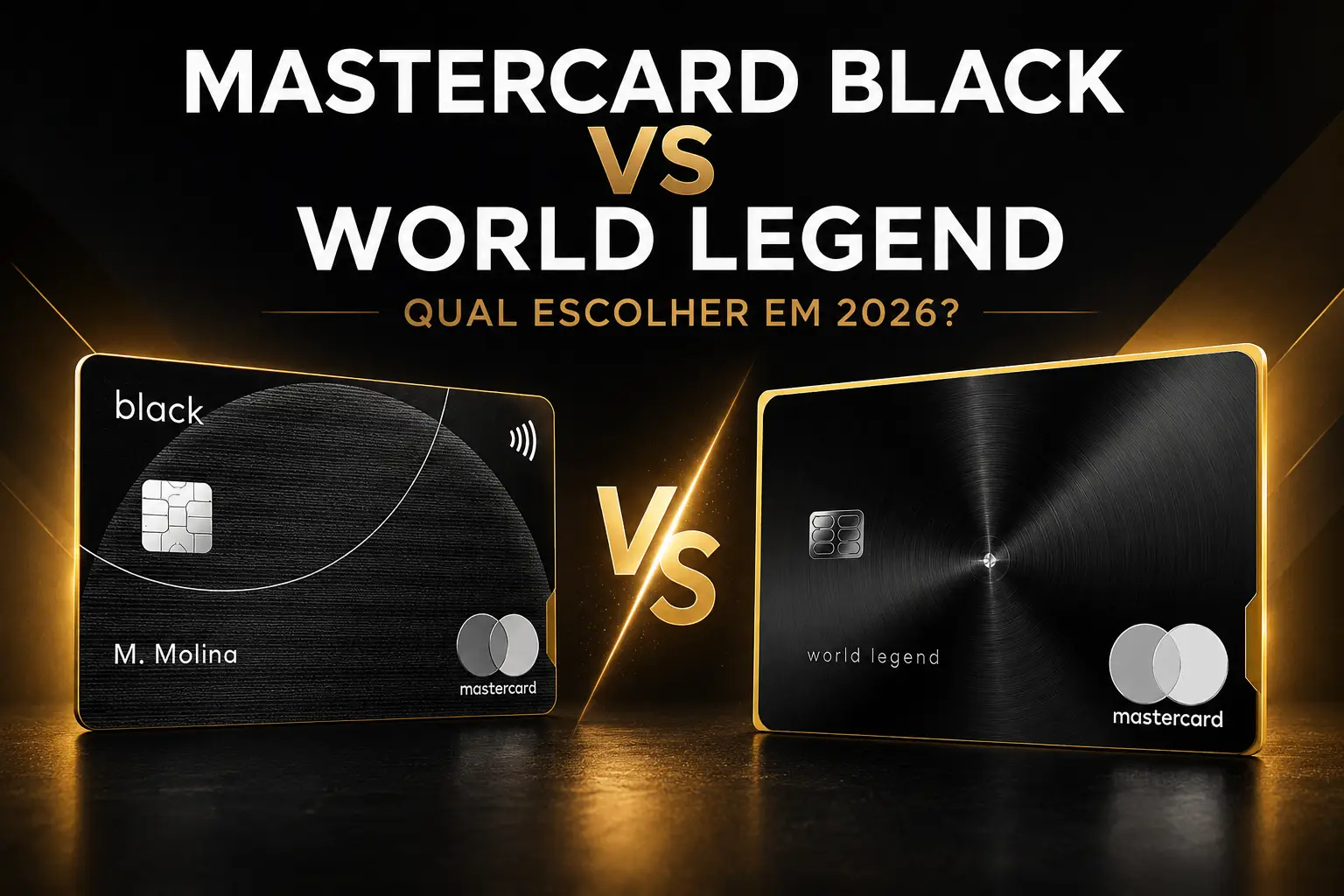 Cartão Mastercard Black versus World Legend Mastercard em comparação de benefícios, salas VIP e pontuação em 2026.