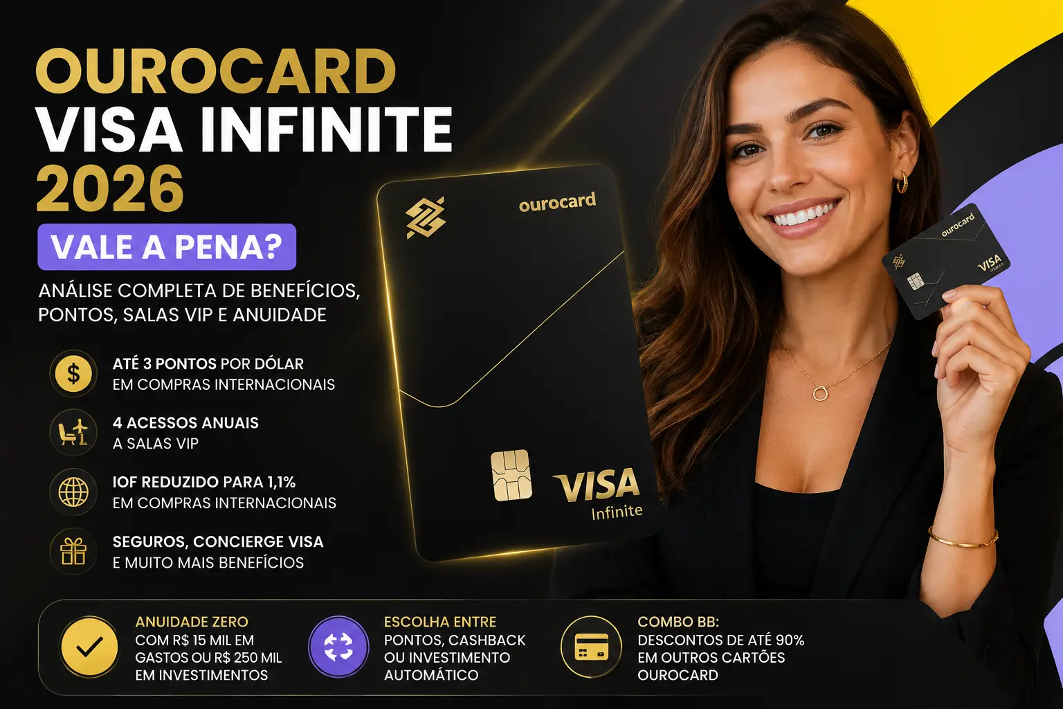 Ourocard Visa Infinite 2026 com cartão do Banco do Brasil e mulher sorrindo, destacando pontos, salas VIP, IOF reduzido e anuidade.