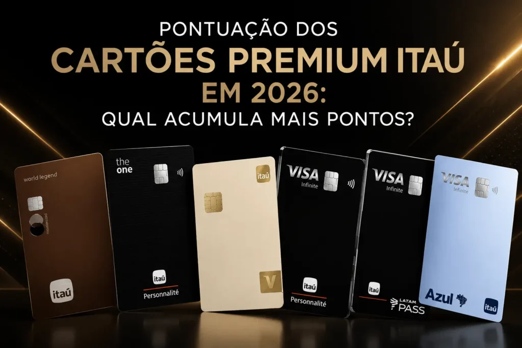 Pontuação dos cartões premium Itaú em 2026 com Itaú Private World Legend, The One Visa Infinite, Visa Infinite Privilege, LATAM Pass Visa Infinite e Azul Itaú Visa Infinite.