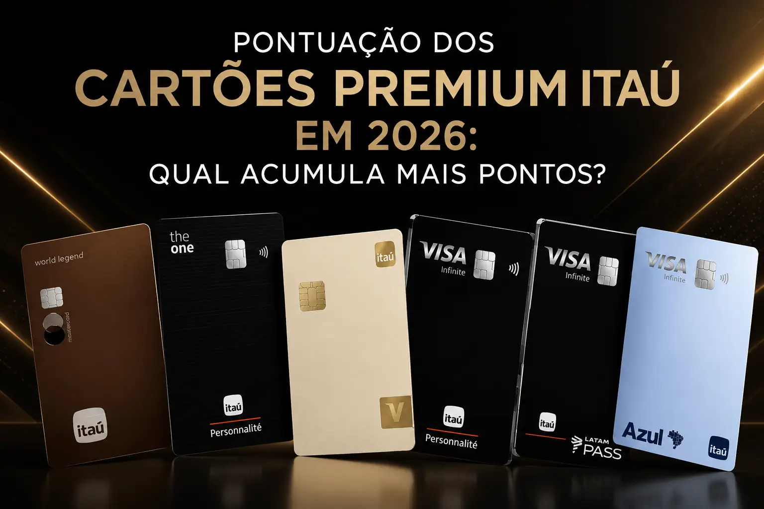 Pontuação dos cartões premium Itaú em 2026 com Itaú Private World Legend, The One Visa Infinite, Visa Infinite Privilege, LATAM Pass Visa Infinite e Azul Itaú Visa Infinite.