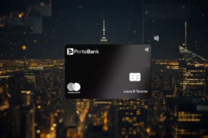 Porto Bank Mastercard Black com fundo urbano premium representando benefícios, salas VIP e vantagens para clientes de alta renda em 2026.