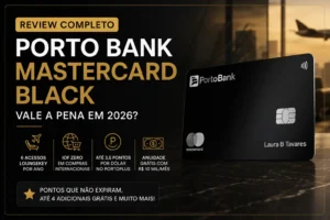 magem do cartão Porto Bank Mastercard Black com destaque para review completo em 2026, benefícios, IOF Zero, LoungeKey, pontuação de até 3,5 pontos por dólar e isenção de anuidade.