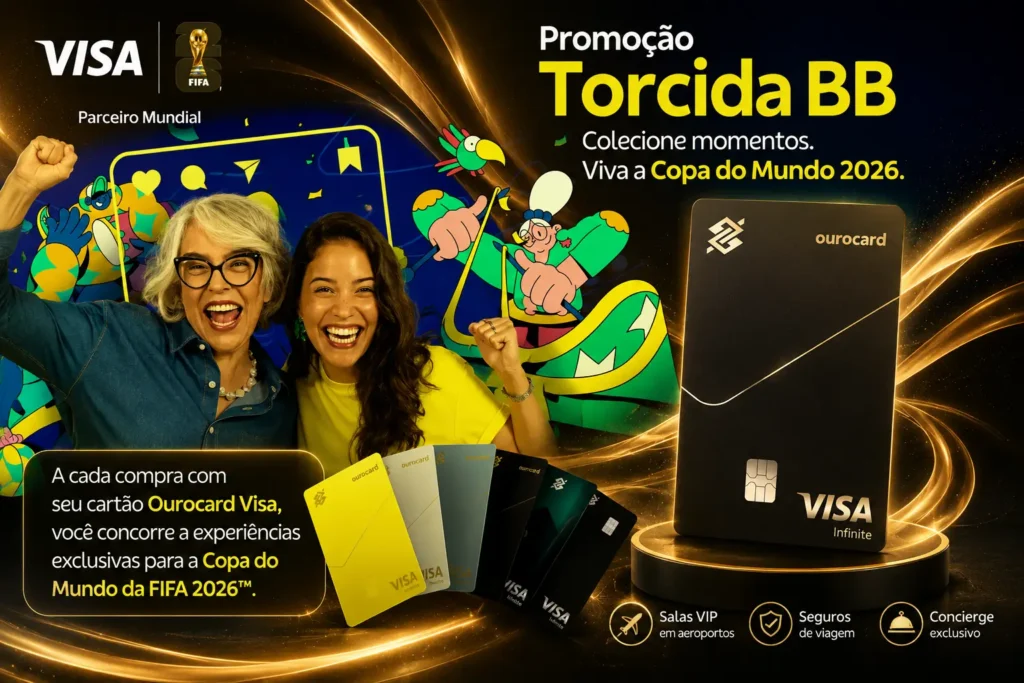 Banner promocional da Torcida BB com cartões Ourocard Visa, parceria Visa FIFA World Cup 2026 e benefícios para clientes do Banco do Brasil.