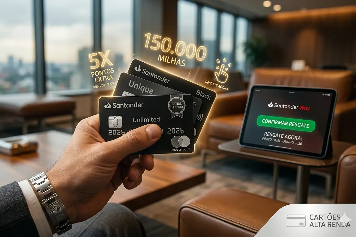 Resgate dos pontos extras da promoção Bateu Ganhou Santander 2026 com cartões Santander Unlimited e Santander Unique no aplicativo Santander Way.